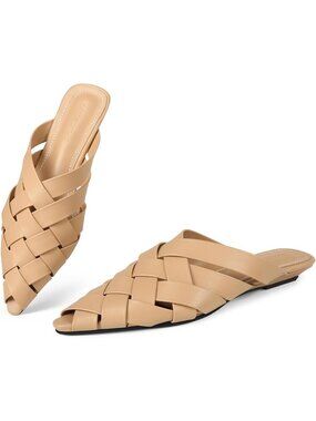 Women's Khaki Pointed Toe Mules Braided Slip On Flats Mules Comfortable Shoes